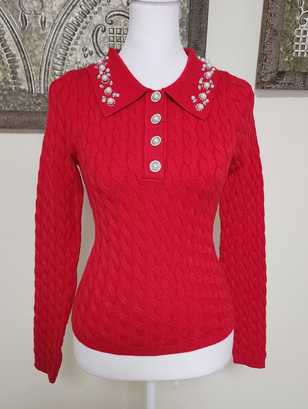 LC Lizette Collection Pearl & Rhinstone Embellished Cable Knit Red Sweater Small